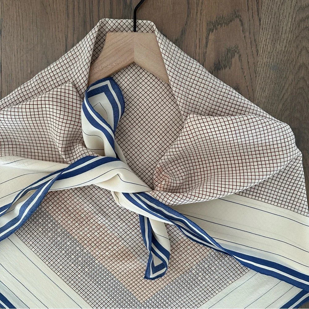 Vintage Anthro 100% Silk Crepe Scarf Grid Print Cream, Rust, Blue 34